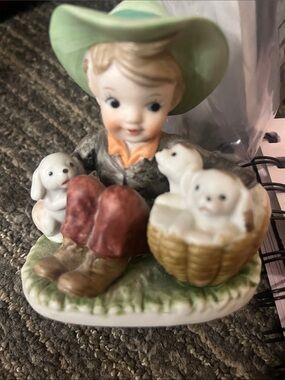 Lefton Porcelain Boy Figurine in Green Hat with Brown and Cream Puppies